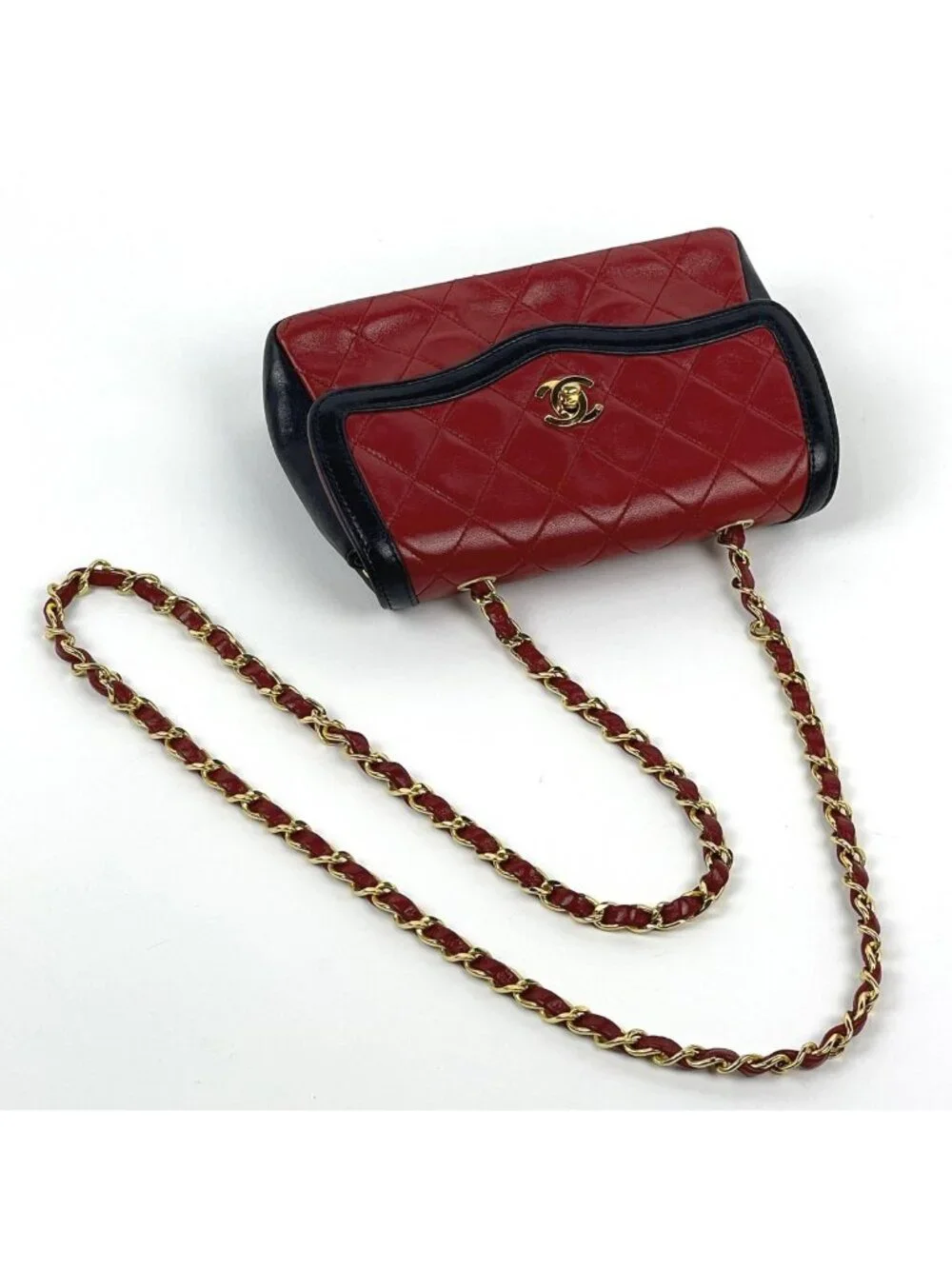 Chanel CC Logo Chain Shoulder Bag Bicolor Leather Red Black